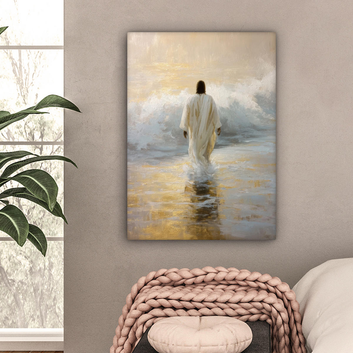 LEINWANDBILD Gemälde - Welle - Jesus - Abstrakt Wandbild Wohnzimmer 60x80 cm - Goldfarben, Textil (60/80cm) - MuchoWow