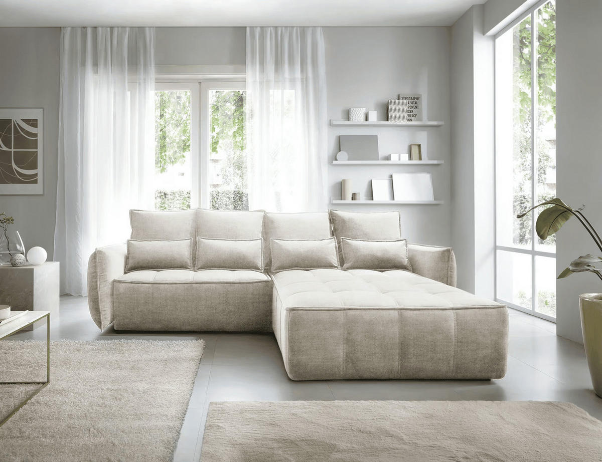 ECKSOFA mit Schlaffunktion und Bettkasten - Beige, Textil (196/265cm) - Eltap
