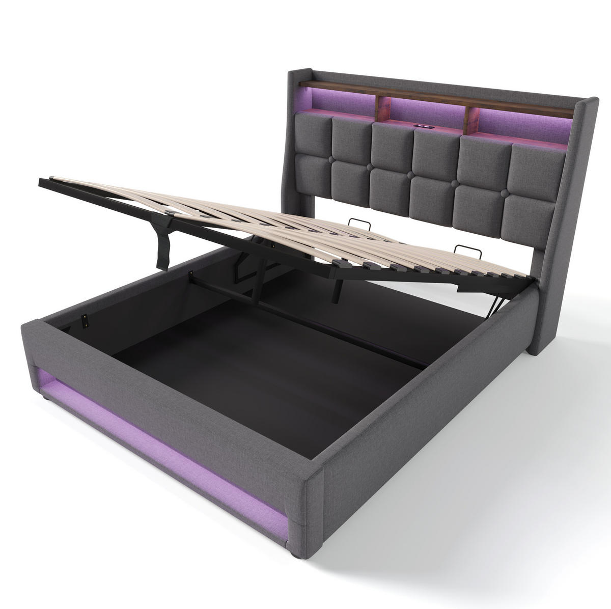 POLSTERBETT 140/200 cm Grau mit LED-Beleuchtung, USB-Anschluss und Stauraum - Grau, Textil (140/200cm) - Flora Grace