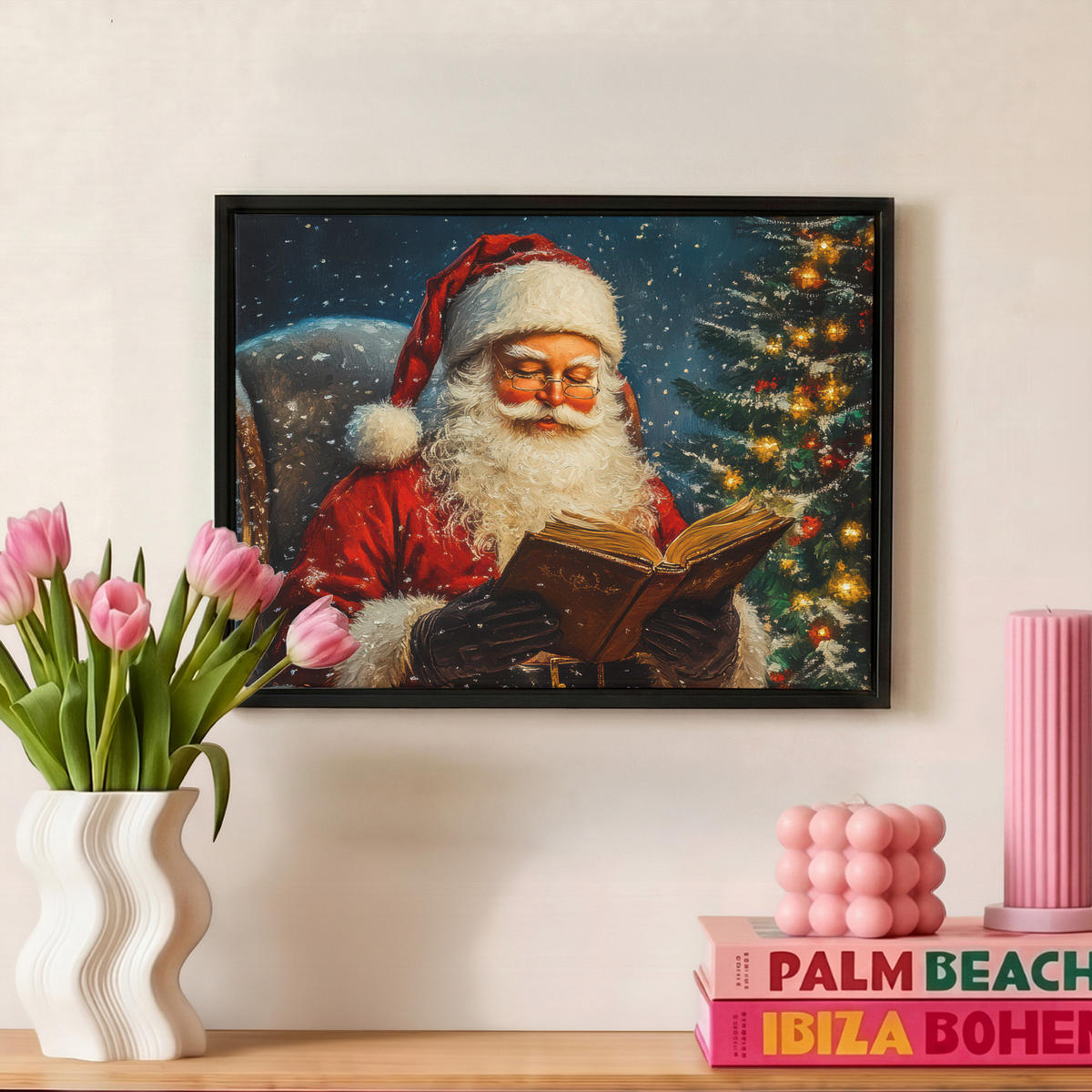 LEINWAND Bilder mit Rahmen - Weihnachtsmann - Weihnachten - Winter - Weihnachtsbaum - 40x30 - Bordeaux, Textil (40/30cm) - MuchoWow