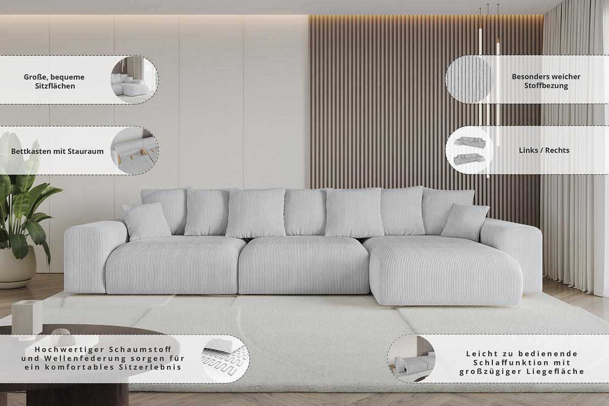 ECKSOFA Ottomane rechts ESKAR-L 364x176x84 Dunkelgrau Cord - Dunkelgrau/Schwarz, Holzwerkstoff/Kunststoff (176/364cm) - ALTDECOR