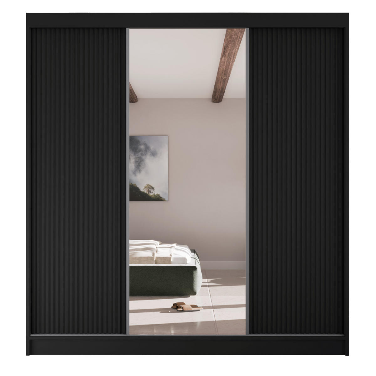 SCHWEBETÜRENSCHRANK Rafi mit Spiegel und mit geriffelten Fronten, 200 cm, Schwarz - Schwarz, Holzwerkstoff (200/215/61cm) - AN-Moebel 4u