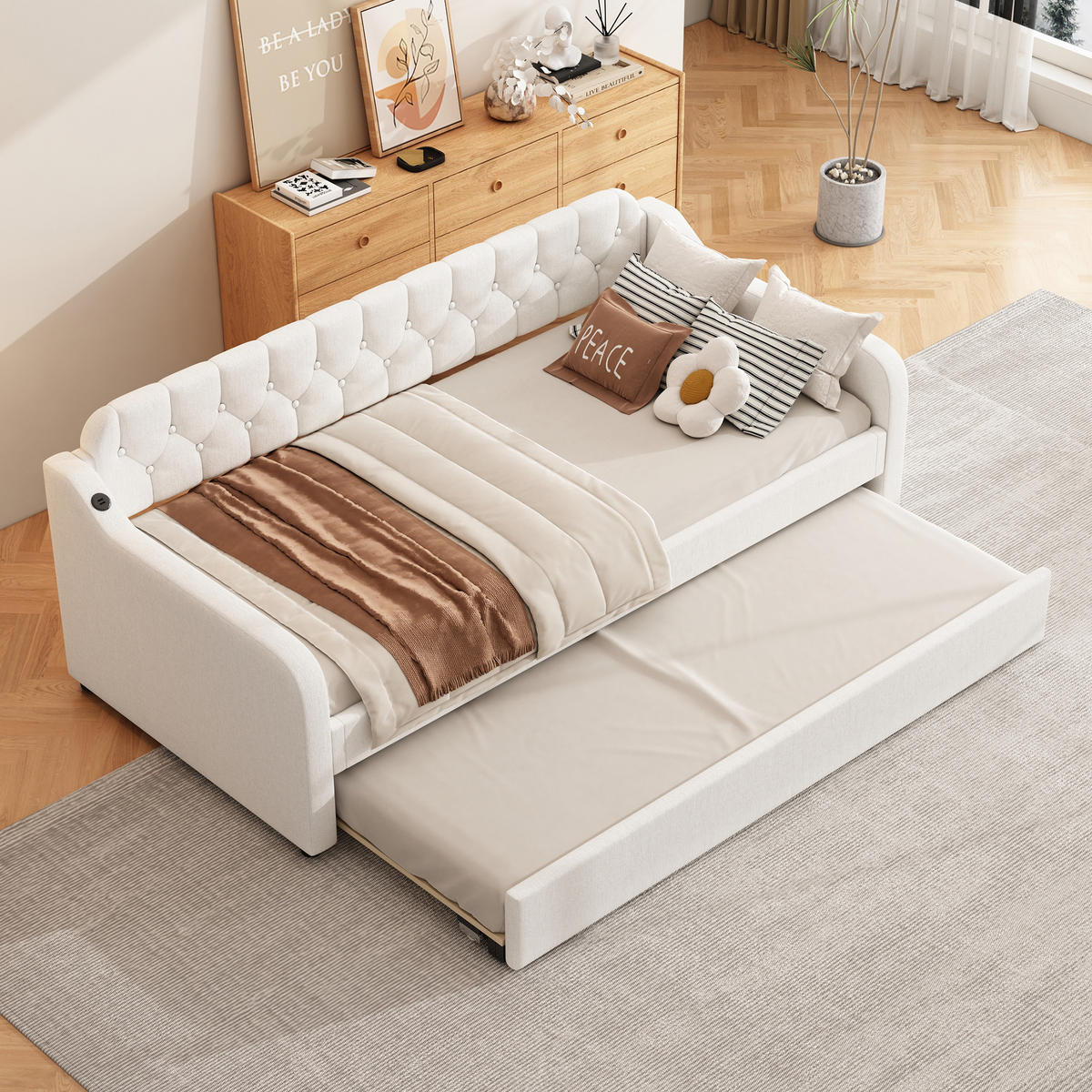 POLSTERBETT 90/200cm mit ausziehbarem Rollbett und USB-Anschluss Beige - Beige, Textil - OKWISH