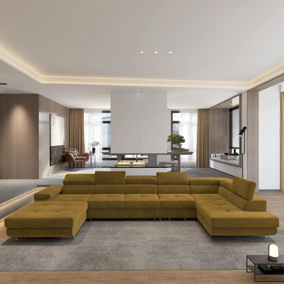 ROHOVÁ SEDAČKA VELORA žlutá - stříbrná/žlutá, kov/dřevo (419/90/202cm) - MASSENO