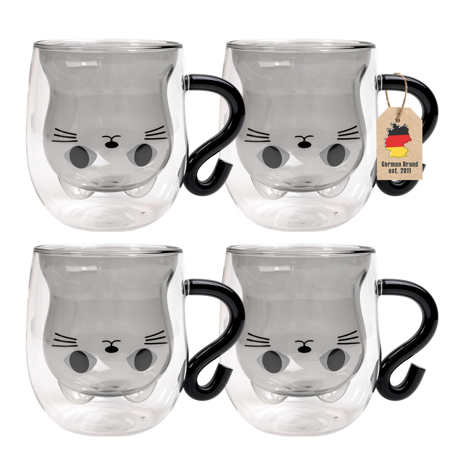 THERMO GLÄSER Design Katze 200ml (4-tlg.) - Schwarz, Glas - Intirilife
