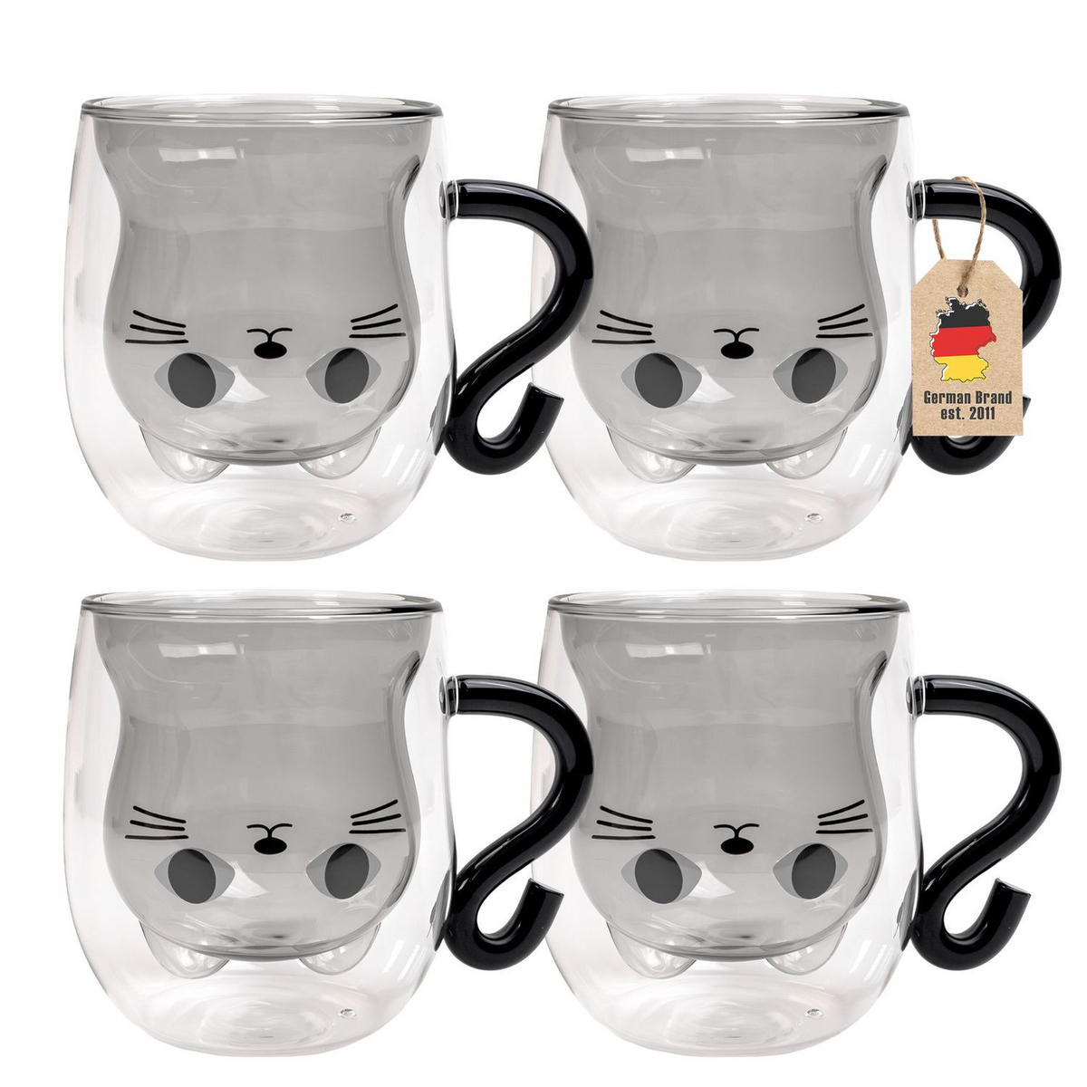 THERMO GLÄSER Design Katze 200ml (4-tlg.) - Schwarz, Glas - Intirilife