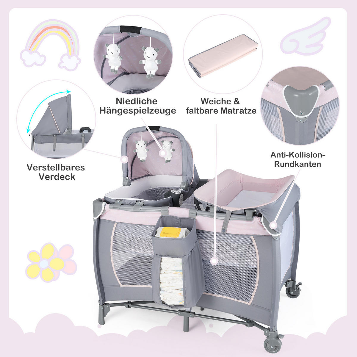 BABYBETT mit Matratze rosa - Pink, Textil - COSTWAY