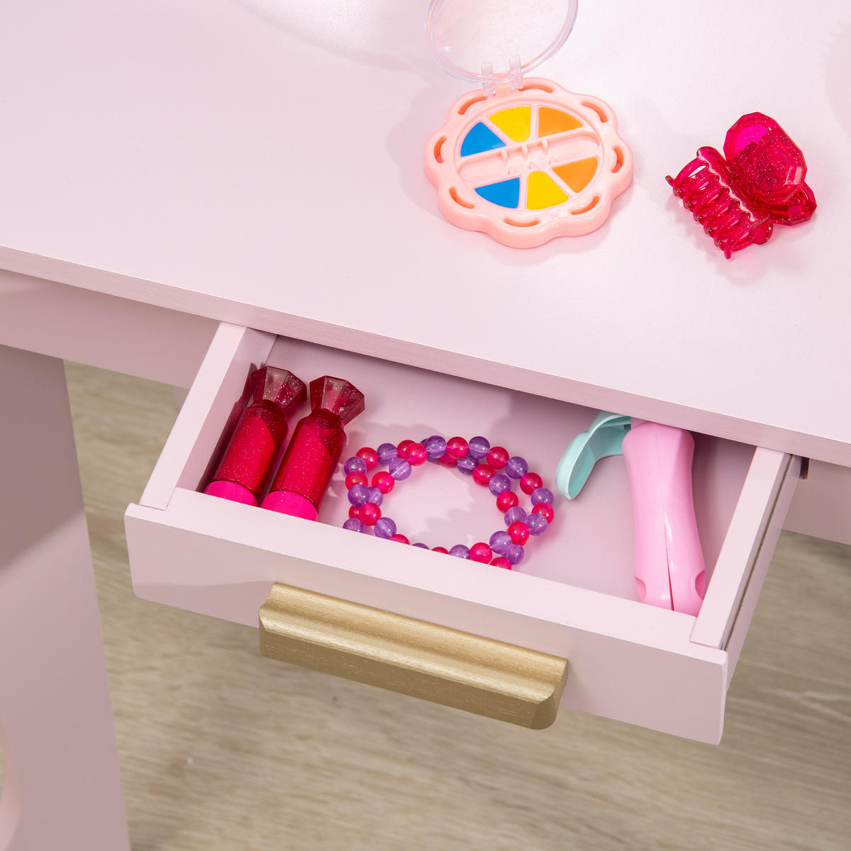 KINDERSCHMINKTISCH DE-18629 3 Spiegel, Schublade & Hocker Pink - Pink, Holzwerkstoff (32/85/52cm) - ComfortXL