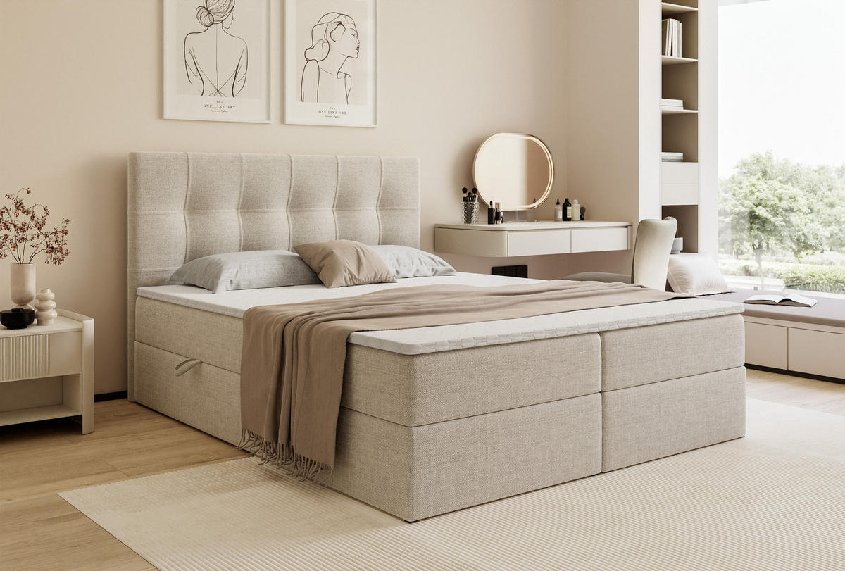 BOXBETT VENUS 200/200 cm, mit Matratze und Topper, Hellbeige - Sandfarben, Holzwerkstoff/Textil (200/200cm) - Idohome