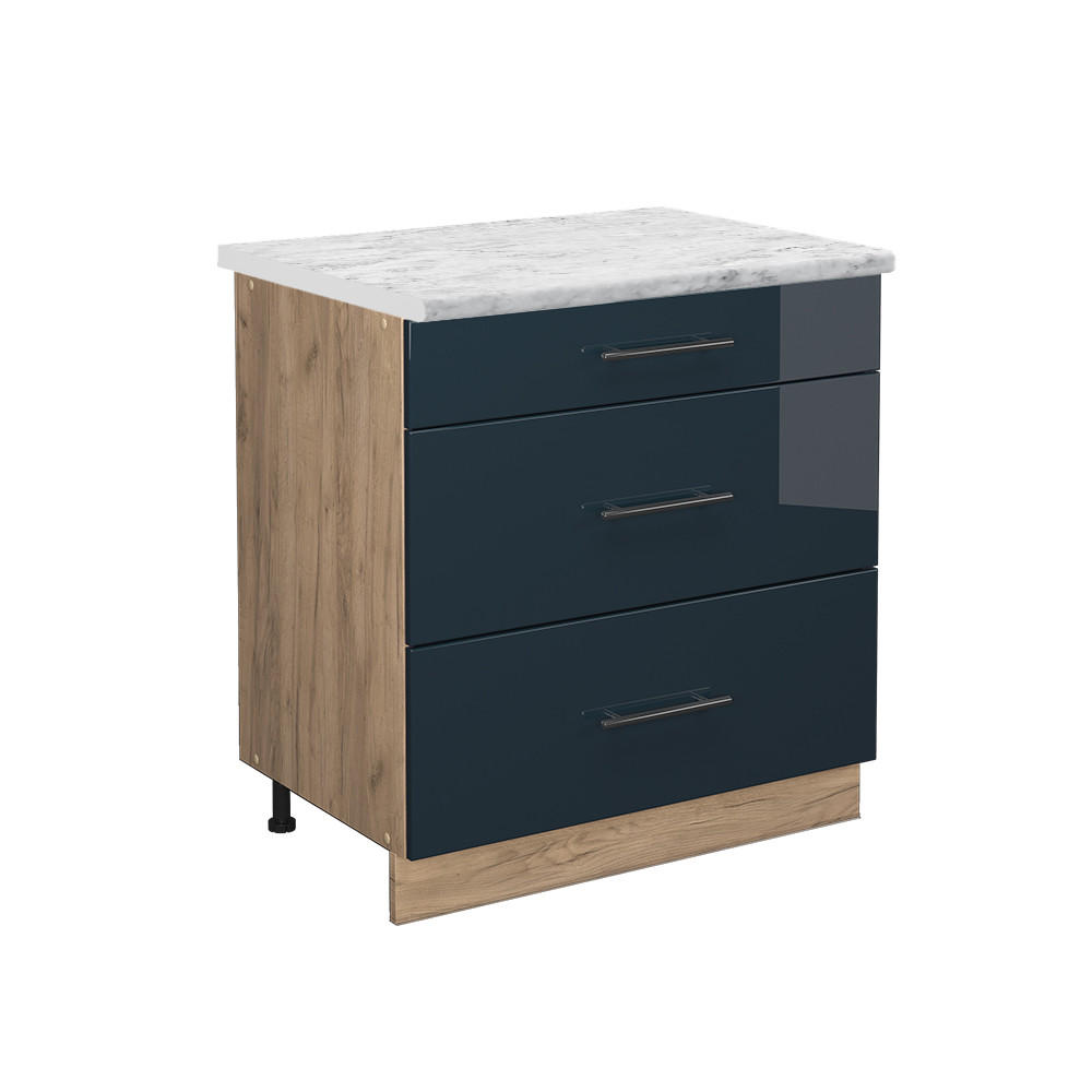 KÜCHENUNTERSCHRANK Fame-Line Dunkelblau Hochglanz 80 cm mit 3 Schubladen AP Marmor - Eiche Wotan/Dunkelblau, Holzwerkstoff (80/82/60cm) - Vicco