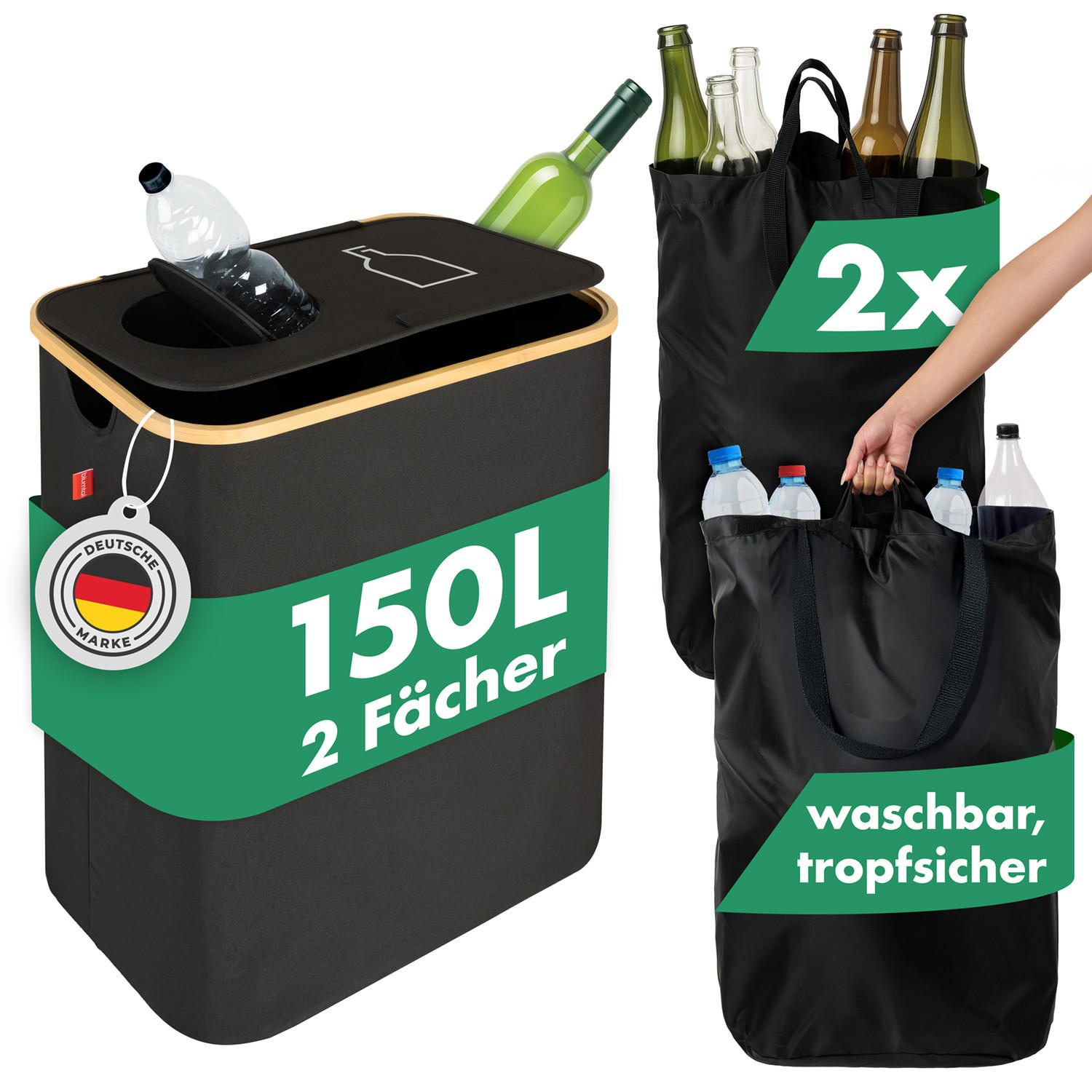 PFANDFLASCHEN-SAMMELBEHÄLTER 150L Schwarz (2 Fächer) - Schwarz, Kunststoff (37/4/57cm) - Blumtal
