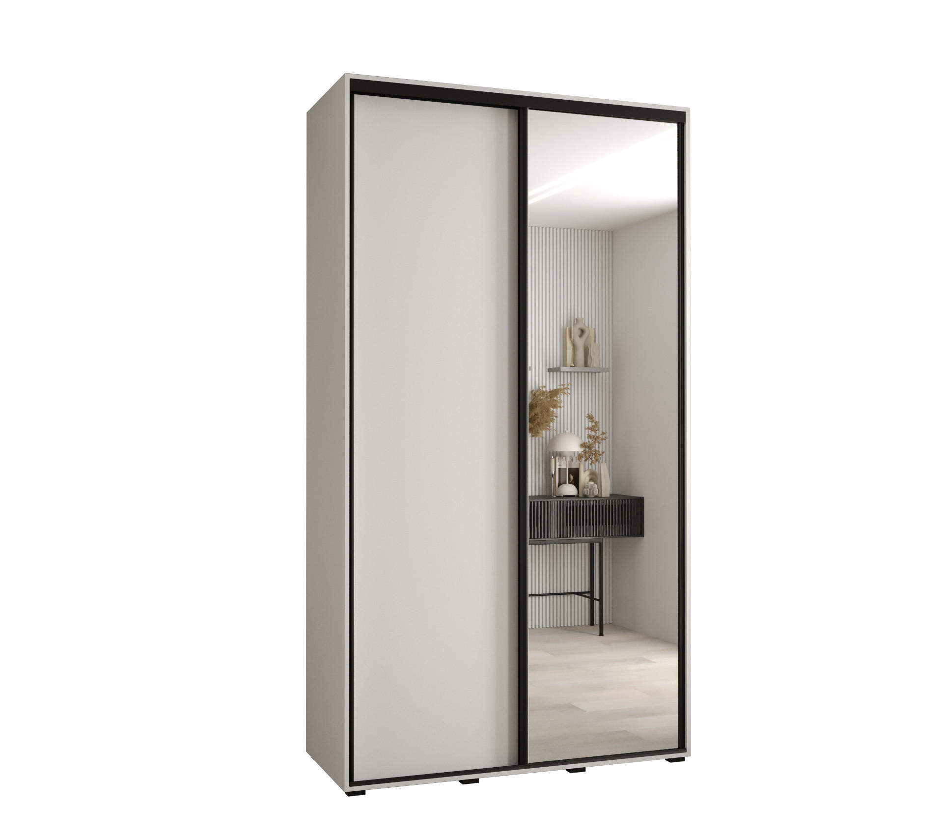 Abiks Möbel Schwebetürenschrank Weiß, Weiß, Schwarz 140x235x60 cm