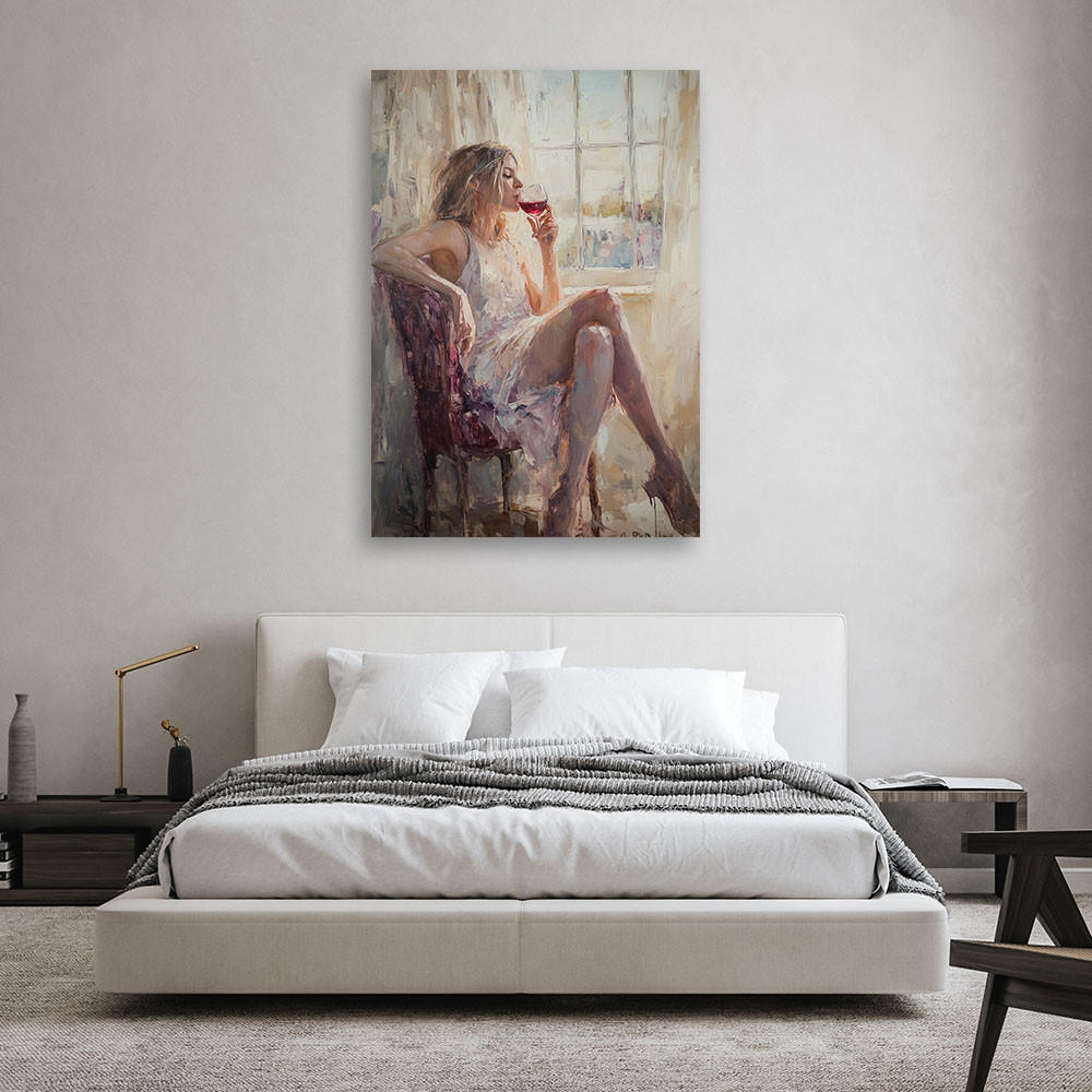 WANDBILD nachdenkliche frau mit einem glas wein - Beige, Textil (60/90cm) - Feeby