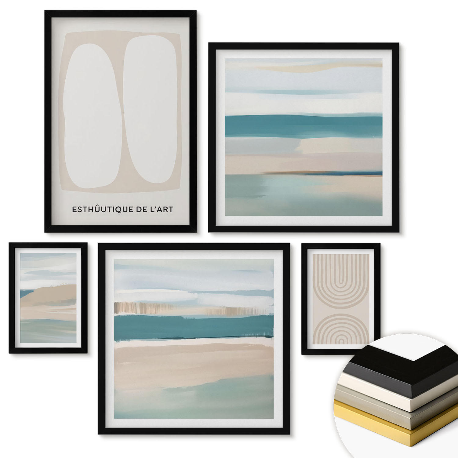 WANDBILDER 5er-Set - 50x50 cm & 20x30 cm & 40x60 cm Schwarzer Rahmen - Abstrakte blaue Landschaften - Schwarz, Kunststoff (40/60cm) - ArtPrintCave