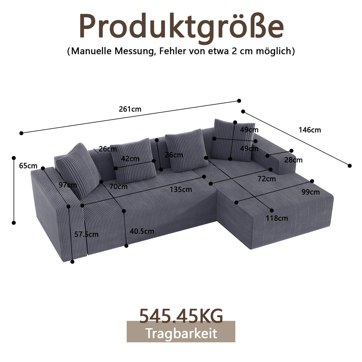 ECKSOFA Cord mit tiefer Sitzfläche, modularer Liege 261/146/65 cm Grau - Grau, Textil (146/261cm) - Redom