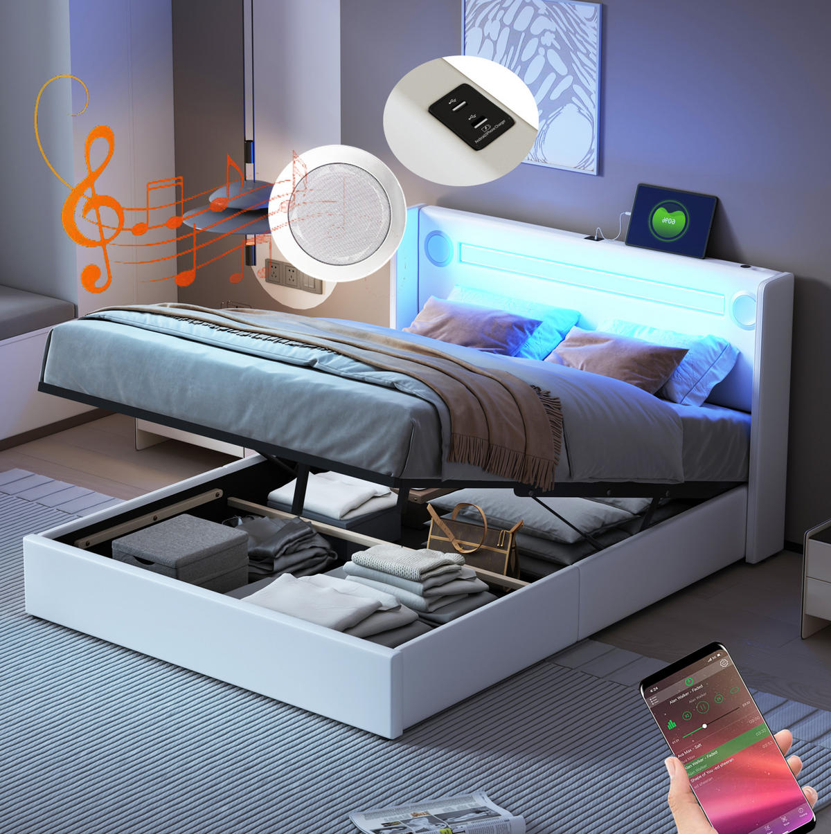 POLSTERBETT 140/200 cm mit LED-Beleuchtung, Bluetooth-Lautsprecher, USB-Anschlüssen und hydraulischem Bettkasten, Weiß - Weiß, Kunststoff (140/200cm) - Redom