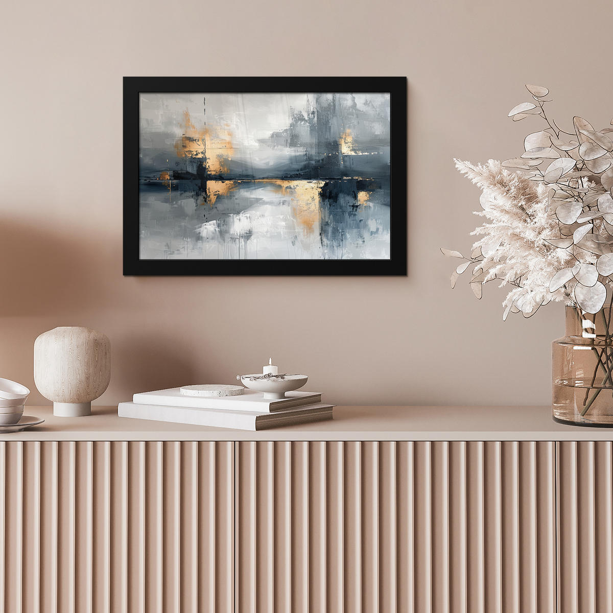 POSTER MIT RAHMEN Kunst - Grau - Gold - Abstrakt 30x20 cm - Dunkelgrau, Papier (30/20cm) - MuchoWow