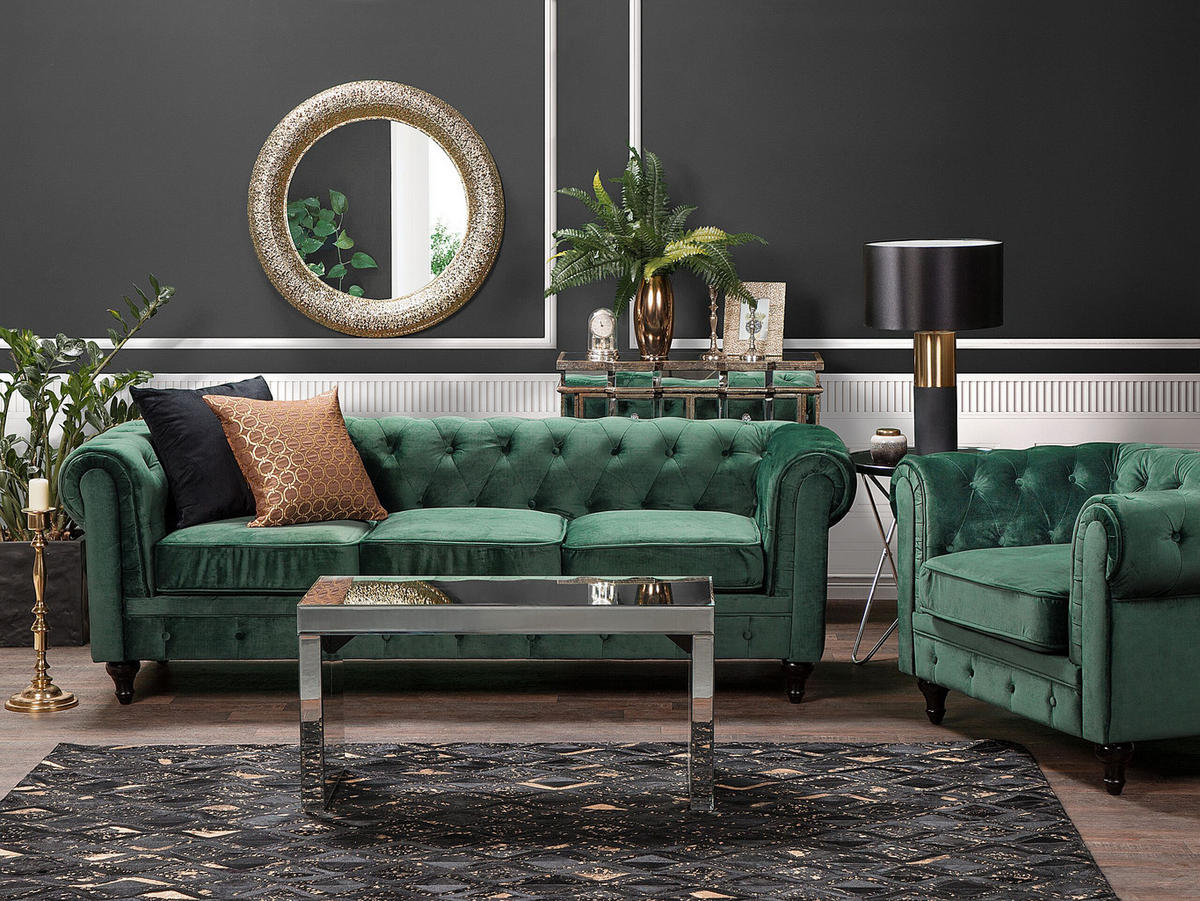 4-SITZER SOFA SET Samtstoff Grün Chesterfield - Grün, Textil (201/70/75cm) - Beliani