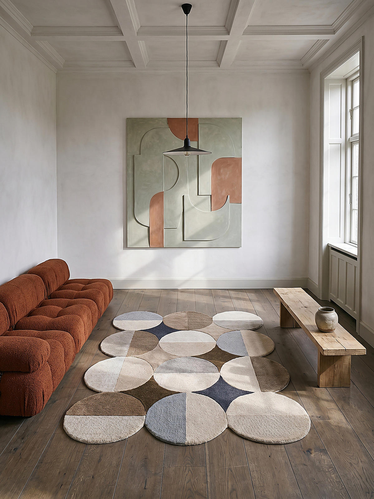 WOLLTEPPICH Kreis Wellenform, Wohnzimmer Beige-Braun Rechteckig 200x290 - Beige, Textil (290/200cm) - KADIMA DESIGN