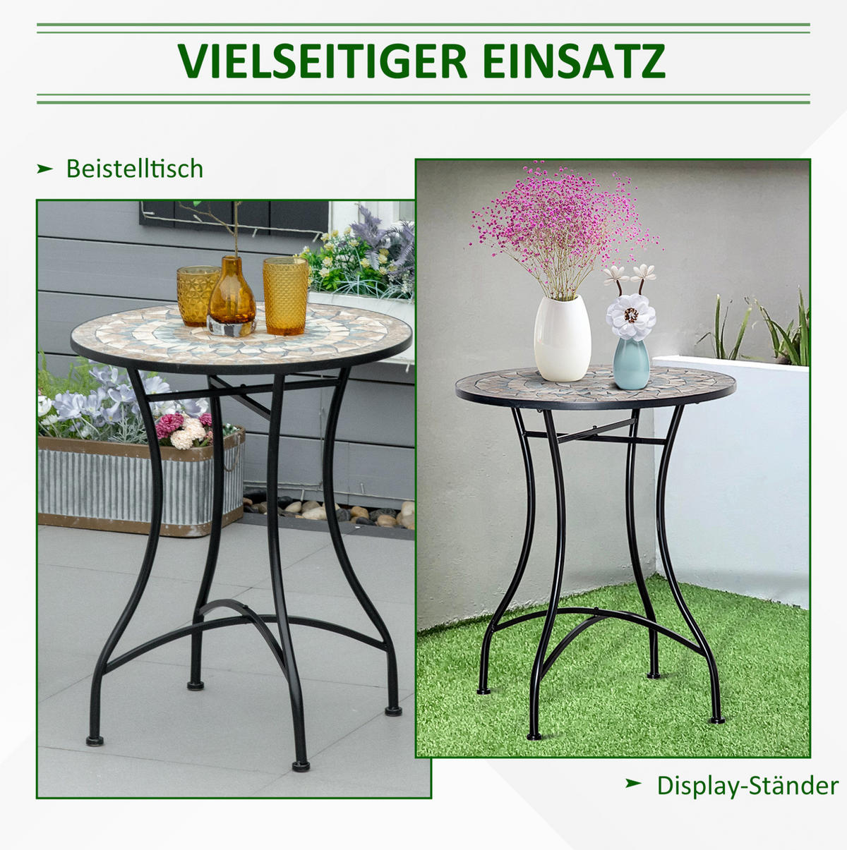 GARTENTISCH Ø60x71 cm Schwarze mit Mosaikplatte & Metallgestell - Naturfarben, Keramik (60/60/71cm) - Modfu
