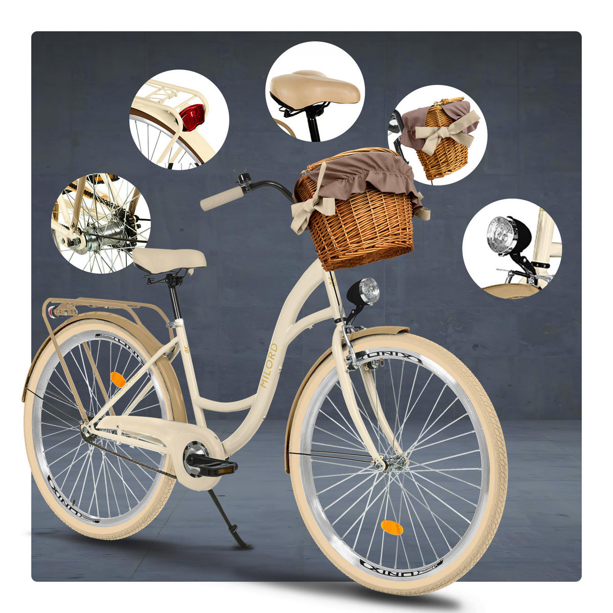 CITY-FAHRRAD Milord mit Weidenkorb, 28 Zoll, Creme-Braun, 1-Gang - Creme/Braun, Metall (46cm) - Milordbikes