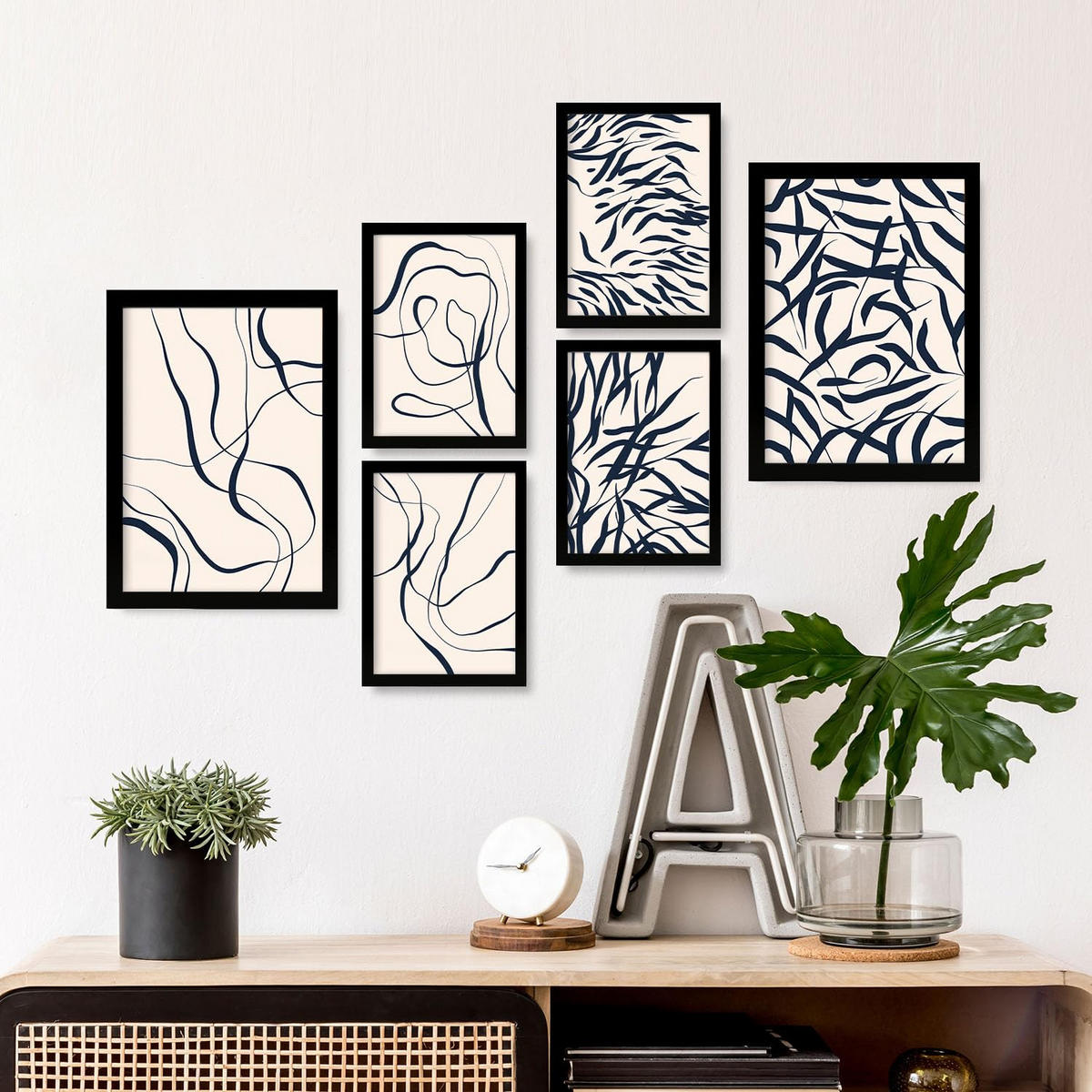 POSTER Set Mit 6 Formabstrakte Ästhetische Dekobilder Für Ihr Wohnzimmer, Schlafzimmer Oder Zuhause A3 & A4 Schwarzer Rahmen - Schwarz, Papier (29/3cm) - Nacnic