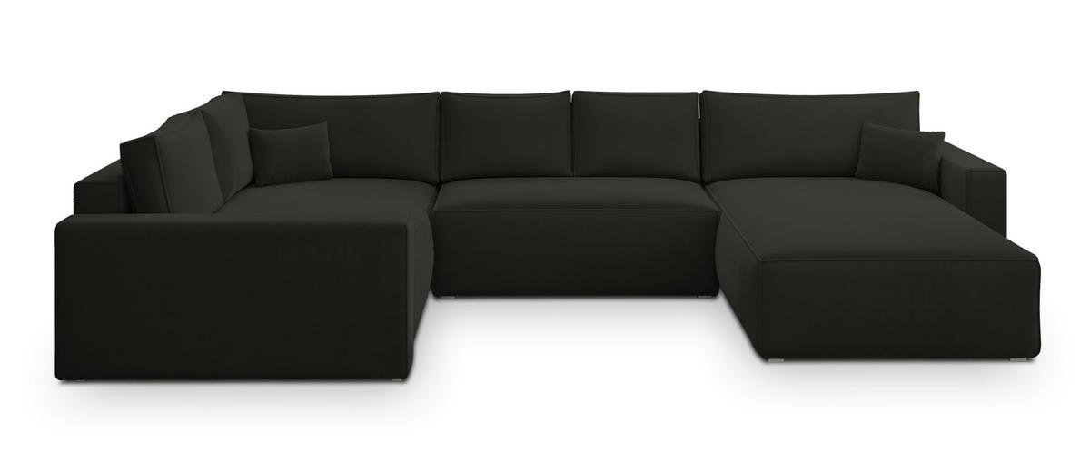 WOHNLANDSCHAFT VELAMI L-S Schwarz Velours-Stoff mit Schlaffunktion - Schwarz, Holz (365/83/194cm) - MASSENO