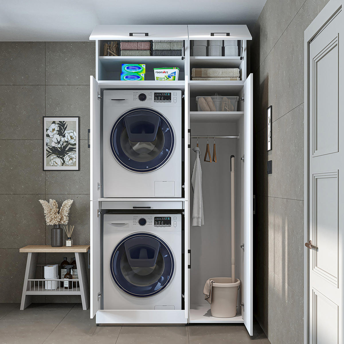 WASCHMASCHINENSCHRANK DORA-I 115cm Breit, 230cm Hoch - Weiß, Holzwerkstoff (115/230/73.8cm)