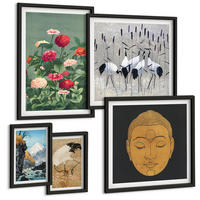 BILDER SET 5er Set - 50x50 cm & 20x30 cm & 40x60 cm Schwarzer Rahmen - Abstrakte Berge und Blumen Inspiration - Schwarz, Kunststoff (40/60cm) - TULUP