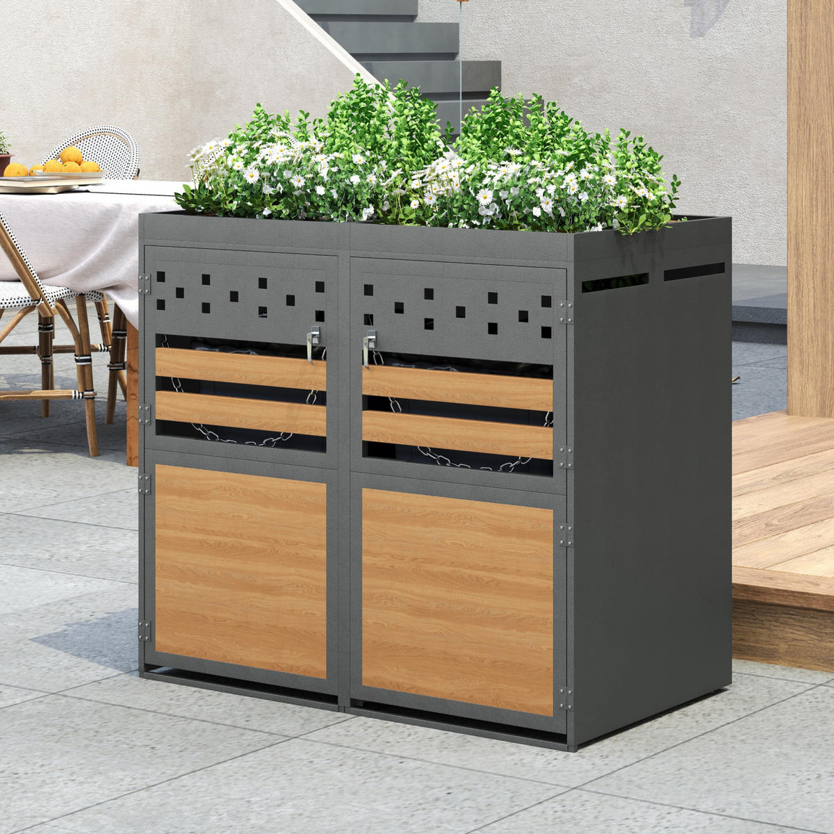 MÜLLTONNENBOX aus Metall in Anthrazit Natur mit Pflanzendach - Grau, Metall (132/125/80cm) - Modfu