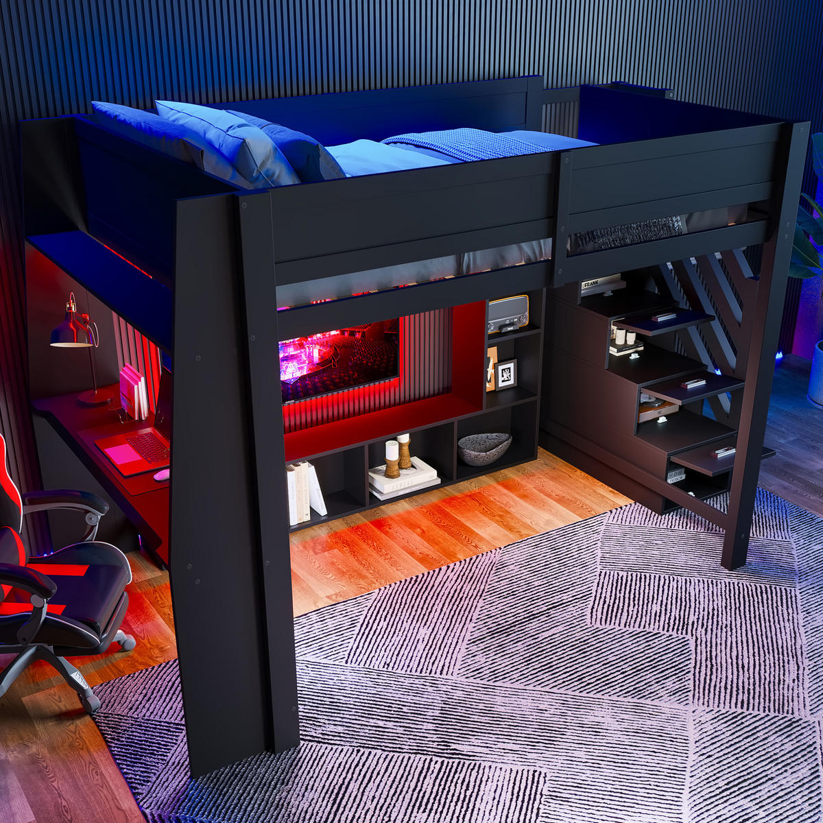 HOCHBETT 140x200 cm in Schwarz mit Schreibtisch, LED-Beleuchtung und Stauraumtreppe - Schwarz, Holzwerkstoff (140/200cm) - IVMEU
