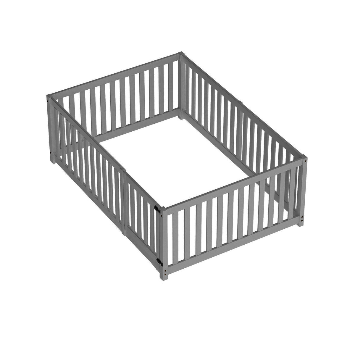 BODENBETT 140/200 cm grau mit Tür und Zaun aus Massivholz - Grau, Holz (140/200cm) - OKWISH