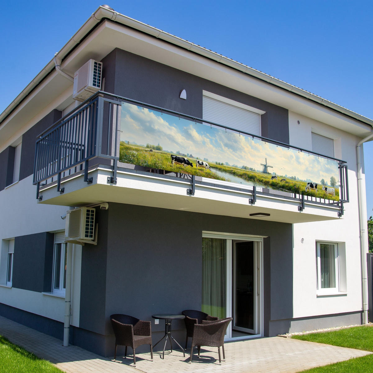 BALKON-SICHTSCHUTZ Kühe - Windmühle - Wiese - Blau - Grün, Kunststoff (500/110cm) - MuchoWow