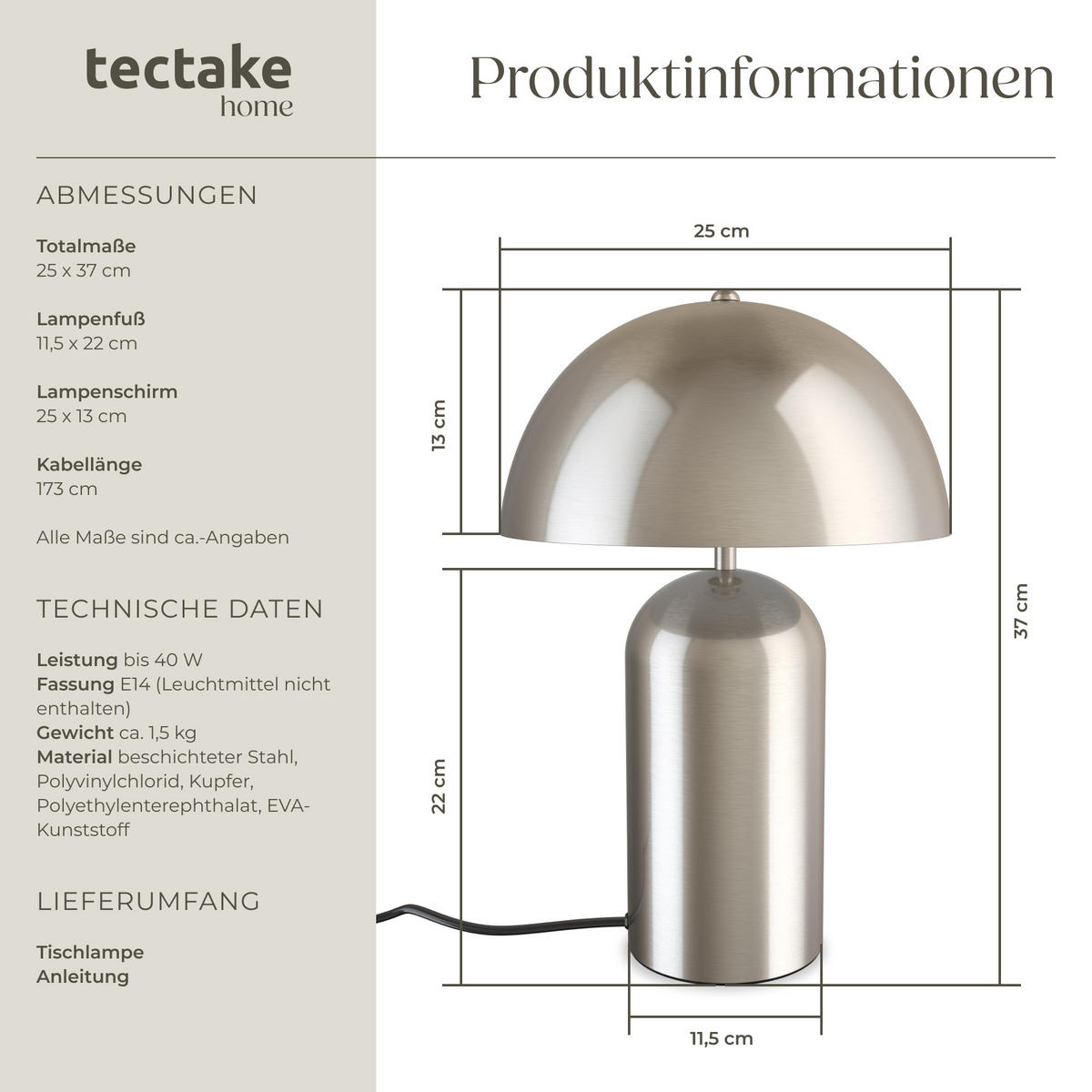 RETRO-TISCHLAMPE Altea,25 x 37 cm,Nickel matt - Nickelfarben, Metall (25/25/37cm) - tectake