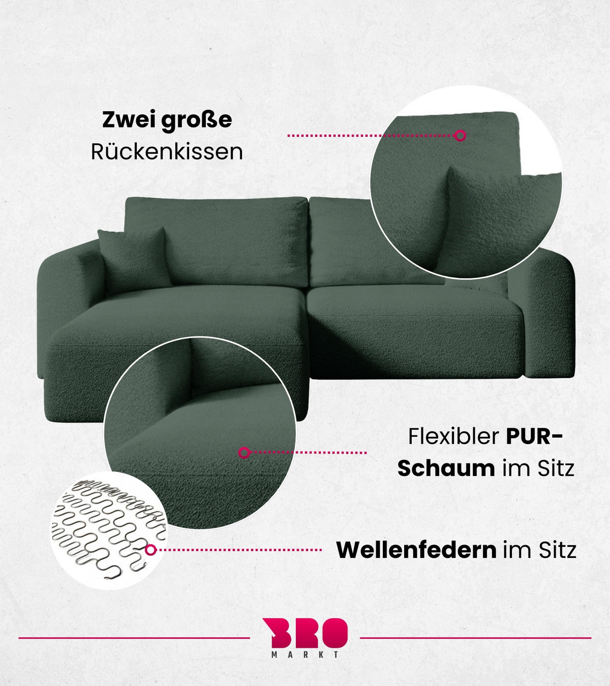 ECKSOFA Kornel mit Schlaffunktion Grün Boucle - Grün, Textil (248/165cm) - Bromarkt