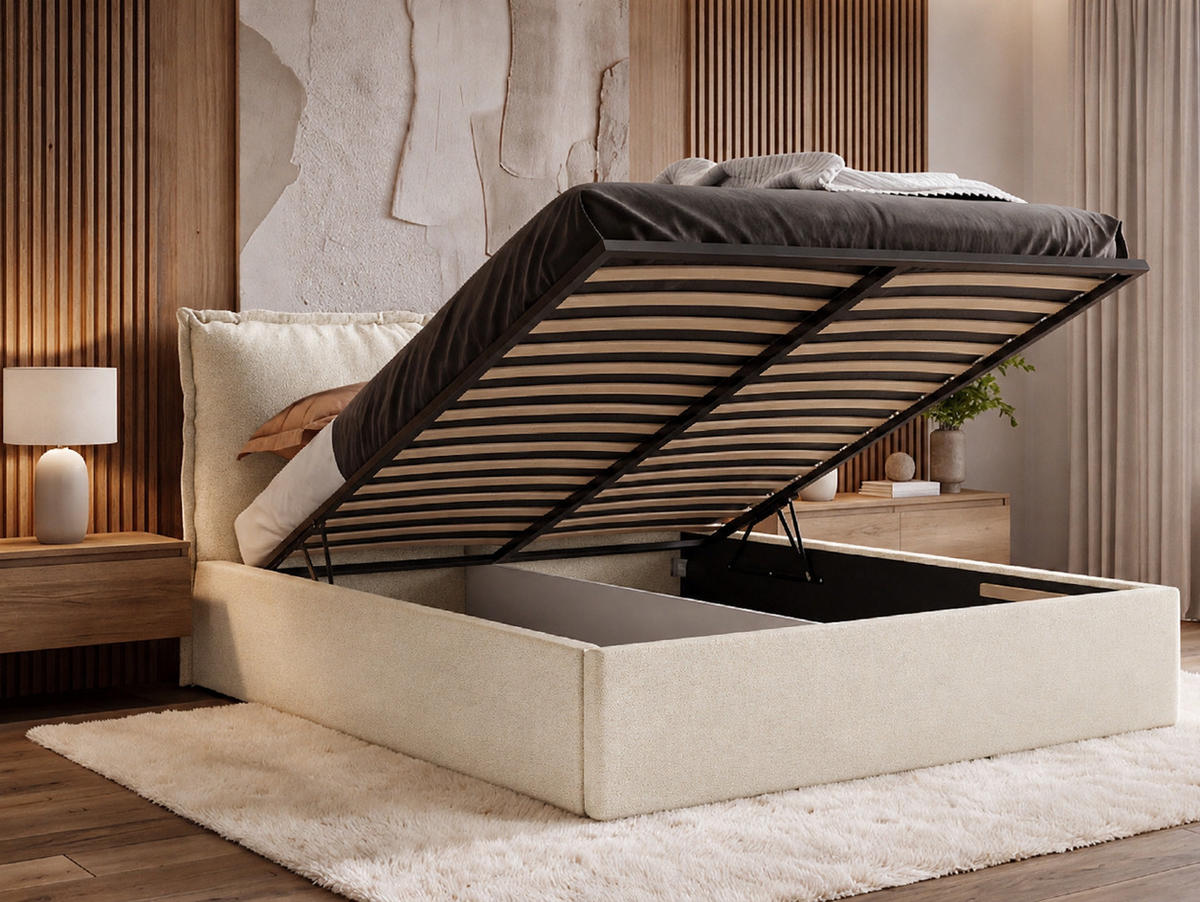 POLSTERBETT MIRA 140x200 cm mit Bettkasten, Stauraum und Metall-Lattenrost – VIBE Ecru - Ecru/Schwarz, Textil/Metall (140/200cm) - Luxkor24