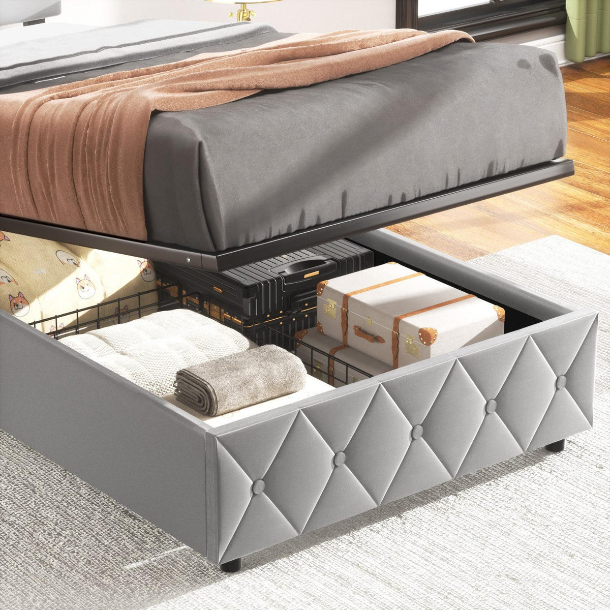 POLSTERBETT 90/200 cm Grau mit hydraulischem Stauraum aus Samt - Grau, Holzwerkstoff (90/200cm) - OKWISH