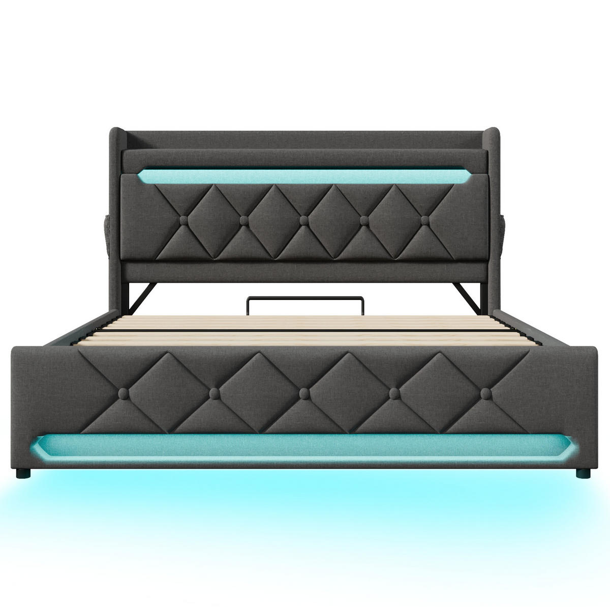 POLSTERBETT aus Leinen 160x200 cm Grau mit Matratze, LED-Beleuchtung, Ladefunktion und Bettkasten - Grau, Textil (160/200cm) - IVMEU