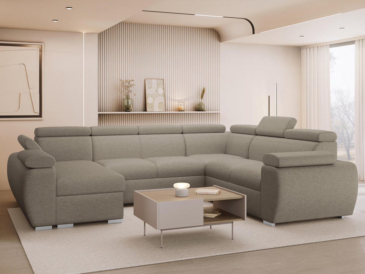 WOHNLANDSCHAFT Boston U, Seite: Links - LC+2P+R+2R - Chromfarben/Hellbraun, Holz/Textil (325/98/260cm) - MIRJAN24
