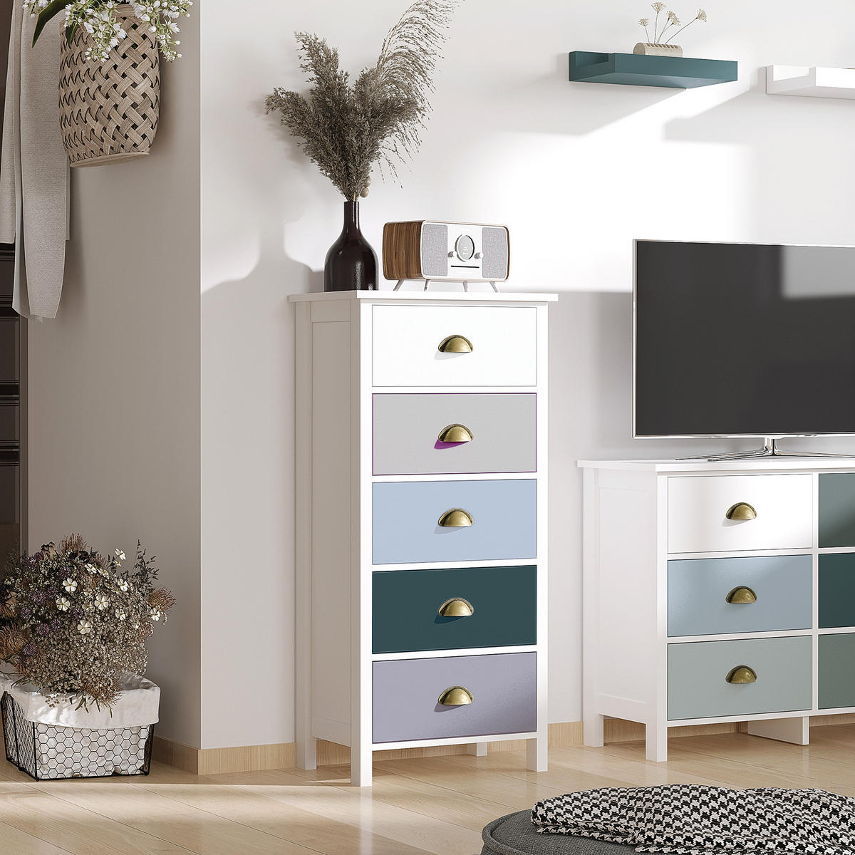 KOMMODE Mehrfarbig 45/30/95,4 cm 5 Schubladen - Multicolor, Holzwerkstoff (45/95.4/30cm) - PANGIVO