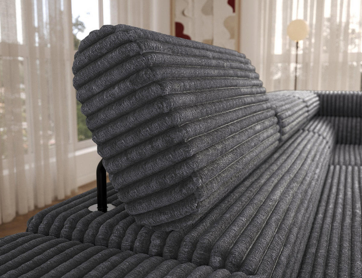 ECKSOFA COLESIO L-Form, Schlaffunktion, Bettkasten, verstellbare Kopfstützen, Wellenfederung, Metallfüße, breiter Cordstoff - Anthrazit/Schwarz, Kunststoff/Metall (204/269cm) - Wohnideebilder