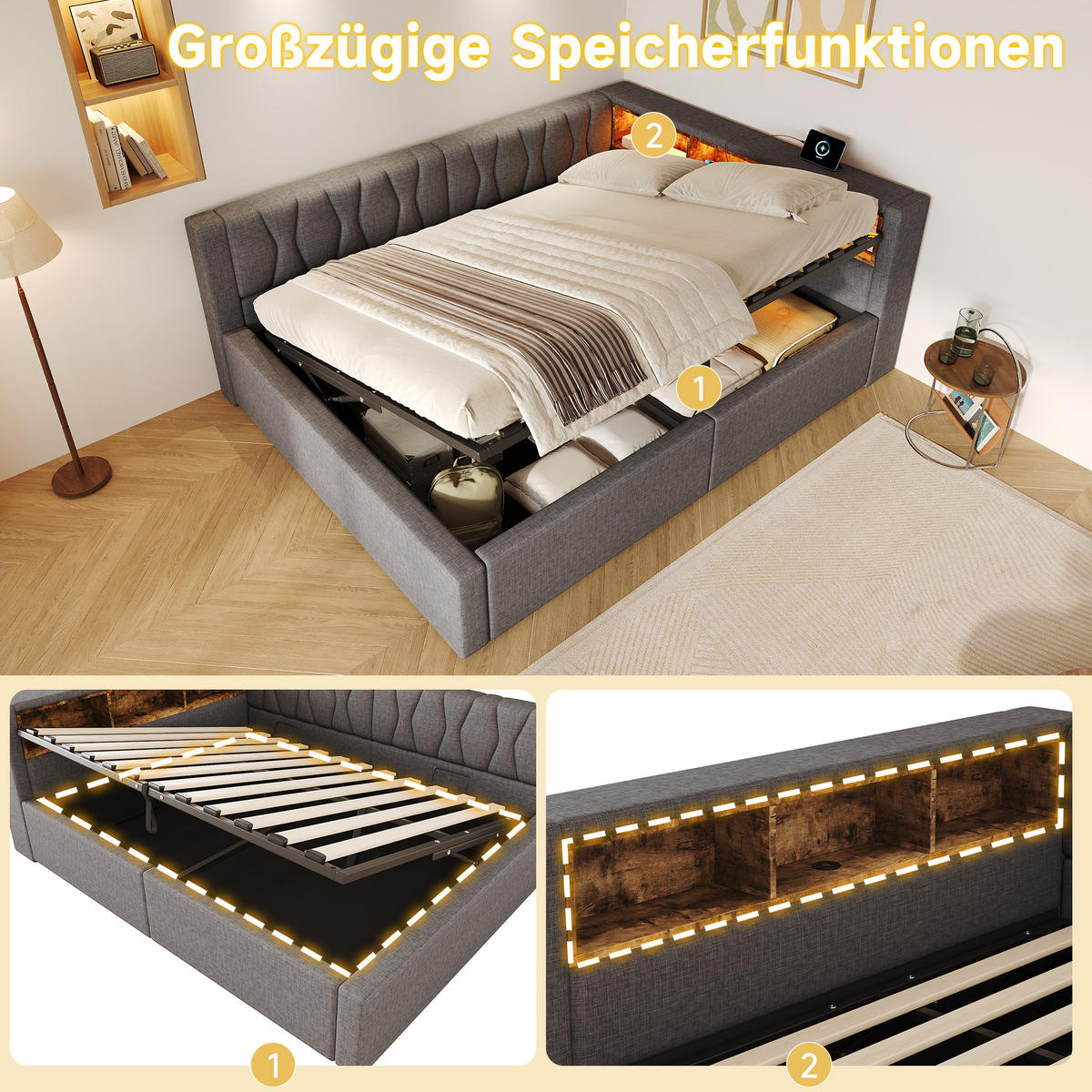 DENNÍ POSTEL 140x200cm Pohovka Úložná LED USB Šedá - šedá, přírodní materiály (140/200cm) - FLIEKS