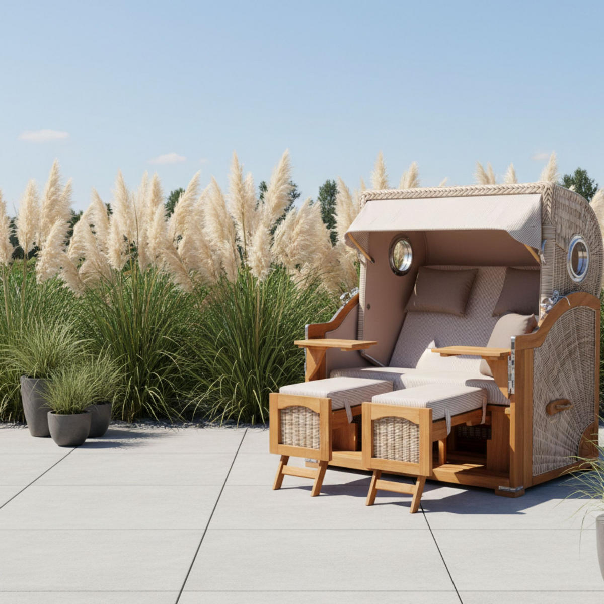 STRANDKORB XXL Düne Grande Teak PE Shell - Taupe/Braun, Metall (142/170/95cm) - Mr. Deko