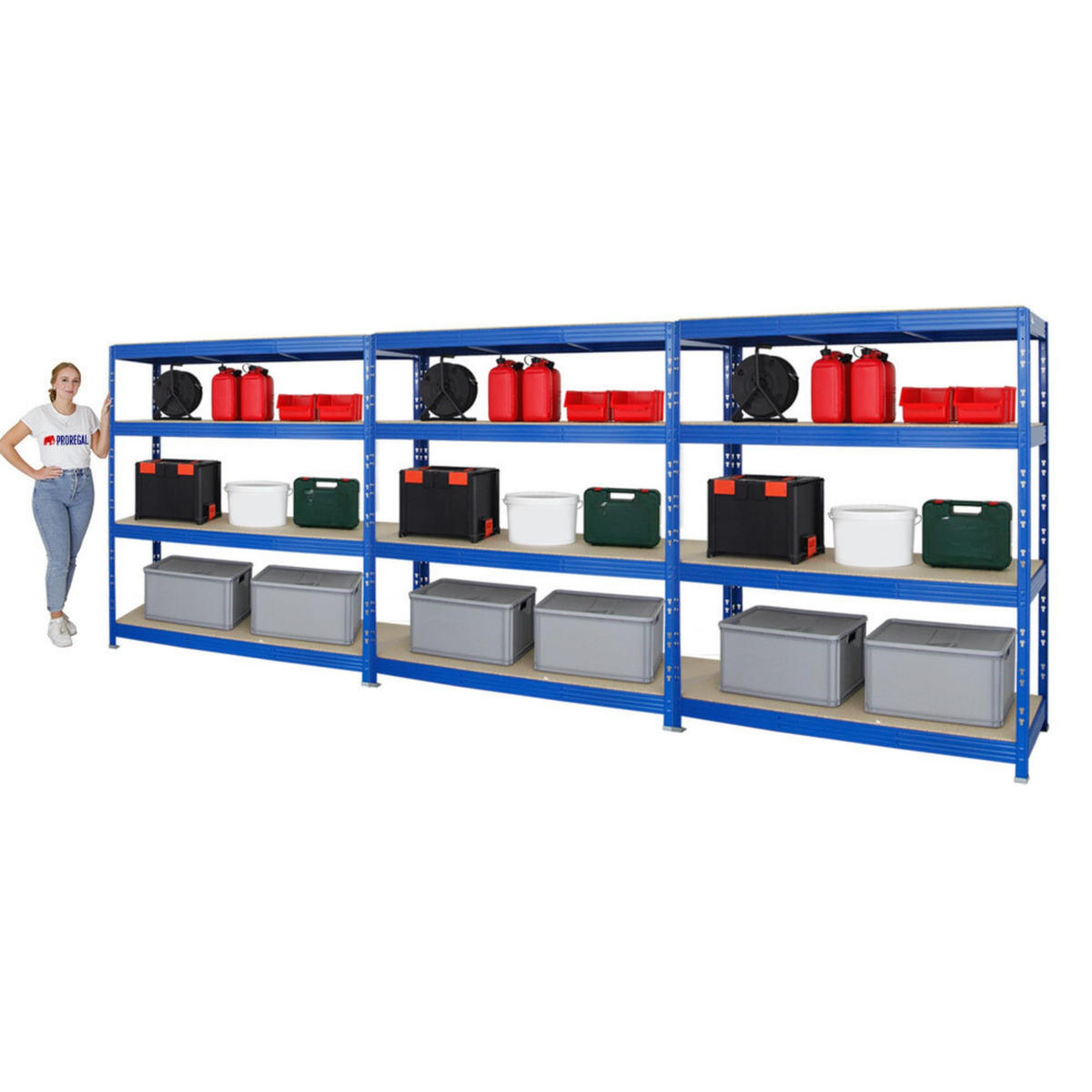 SCHWERLASTREGAL Rhino 3er-Set mit 3x 180x160x60 cm 4 Spanplatten-Ebenen 16mm Fachlast 500 kg Blau - Blau, Metall (480/180/60cm) - PROREGAL