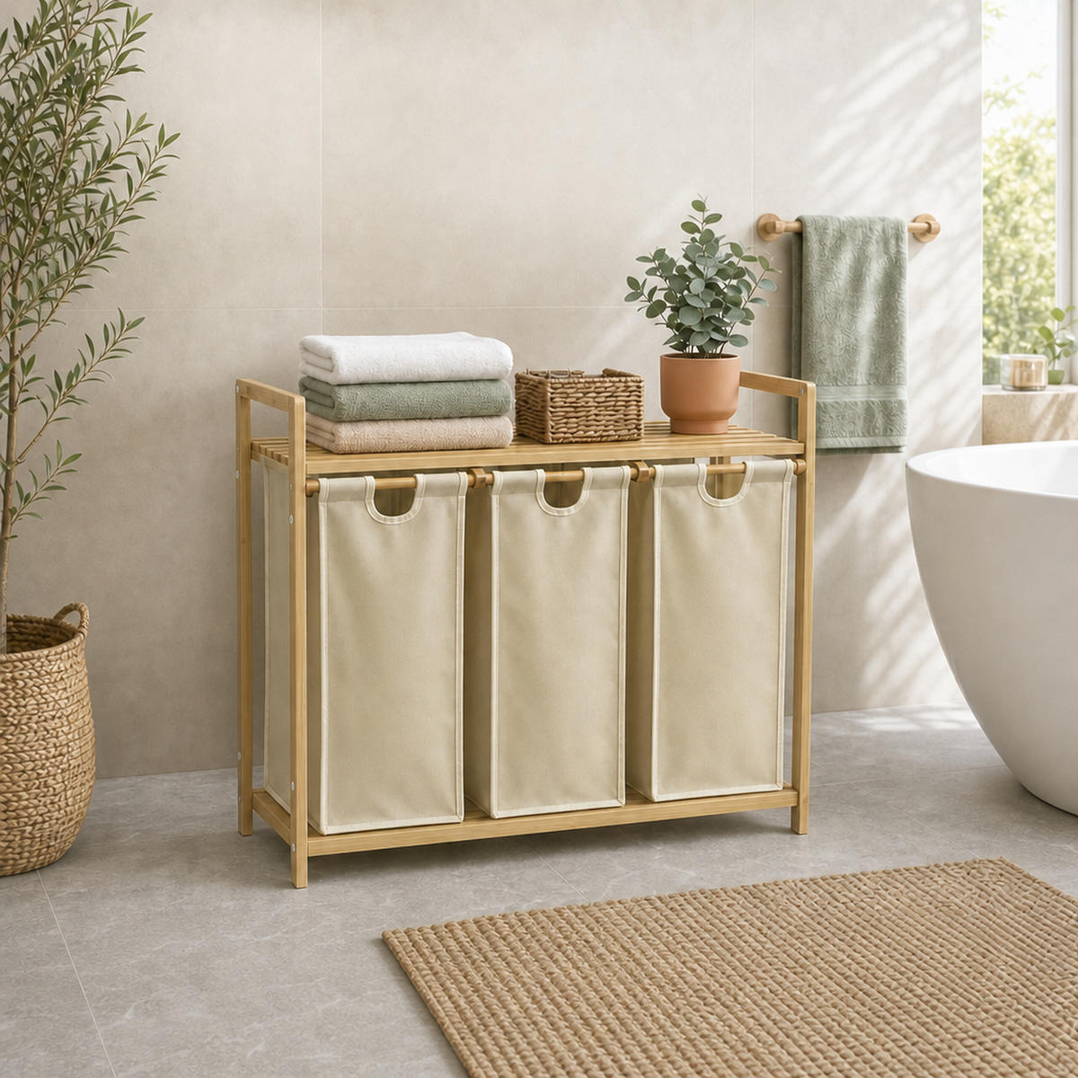 WÄSCHESAMMLER Natur Beige 3er-Set Bambus - Multicolor, Holz/Textil (78/77/41.5cm) - Relaxdays