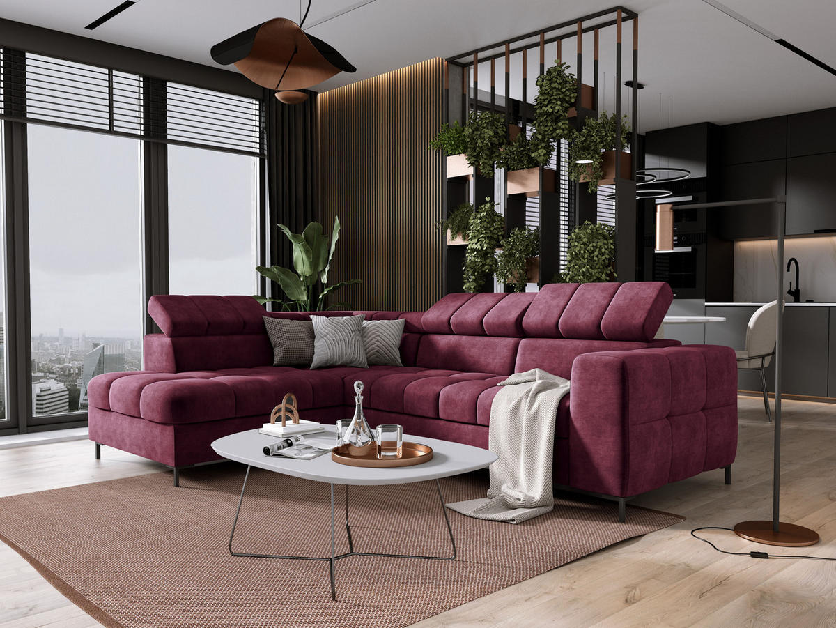 ECKSOFA PABLO CLOUD L‑förmig mit Bett, Bettkasten, verstellbaren Kopfstützen, weichen Metallfüßen, freistehend, LINKS, 201x270x97 cm Bordeaux - Bordeaux, Holz/Textil (201/270cm) - DomoHome