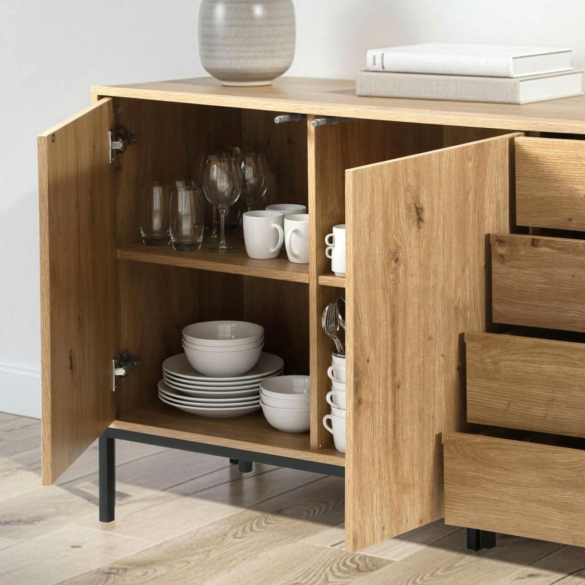BUFFET mit 2 Türen und 4 Schubladen L140 cm 140/40/80 cm - Eschefarben, Holzwerkstoff (40/80/48.5cm) - Calicosy