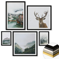 WANDBILDER 5er-Set - 50x50 cm & 20x30 cm & 40x60 cm Schwarzer Rahmen - Berge, See, Hirsche, Hütte, Nebel - Schwarz, Kunststoff (40/60cm) - ArtPrintCave