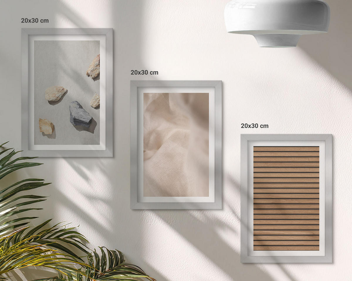 BILDER SET 3er Set - 20x30 cm Silberner Rahmen - Steine, Holz, Stofftexturen - Silberfarben, Kunststoff (20/30cm) - TULUP