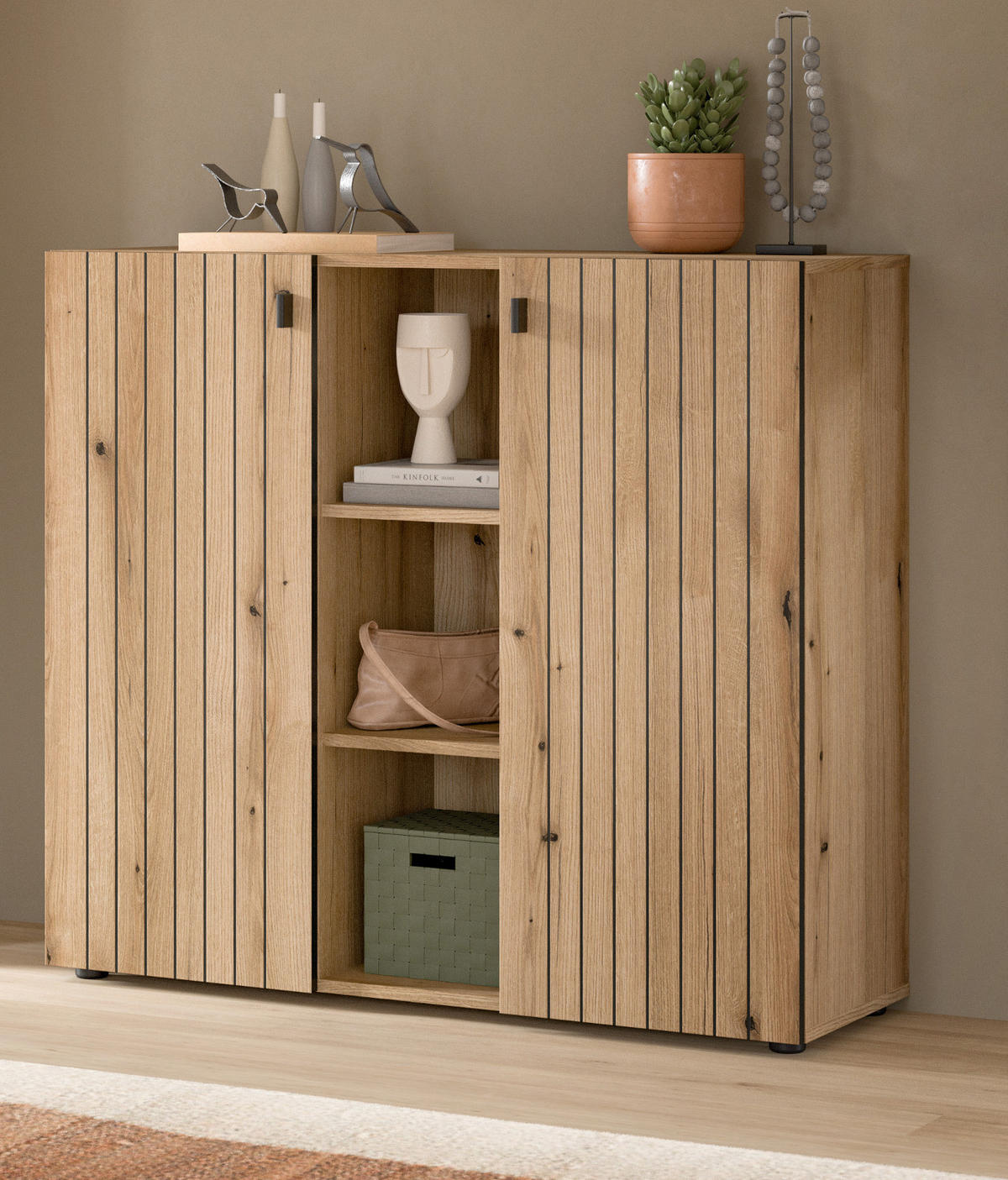 FLURKOMMODE Evoke Eiche 106 cm, Schuhschrank mit eingefräster Rillenoptik - Schwarz/Eiche Artisan, Glas/Holzwerkstoff (106/96/37cm) - Inn.Furn